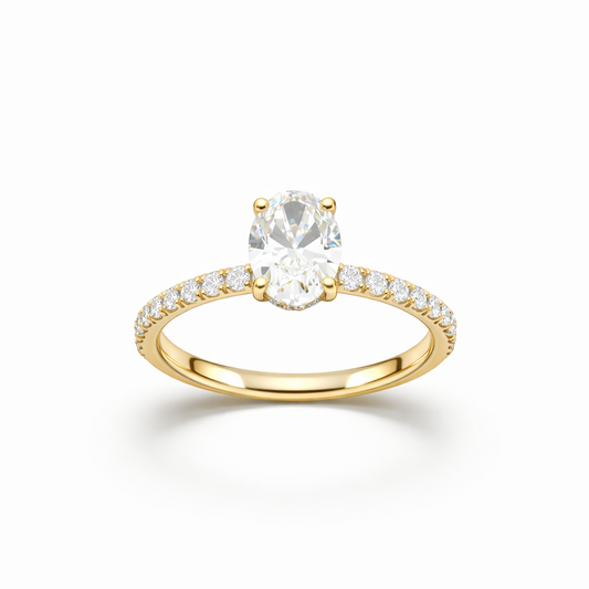 Oval Cut Statement Engagement Ring with Diamond Band in 18K Gold, Lab-Grown Diamond