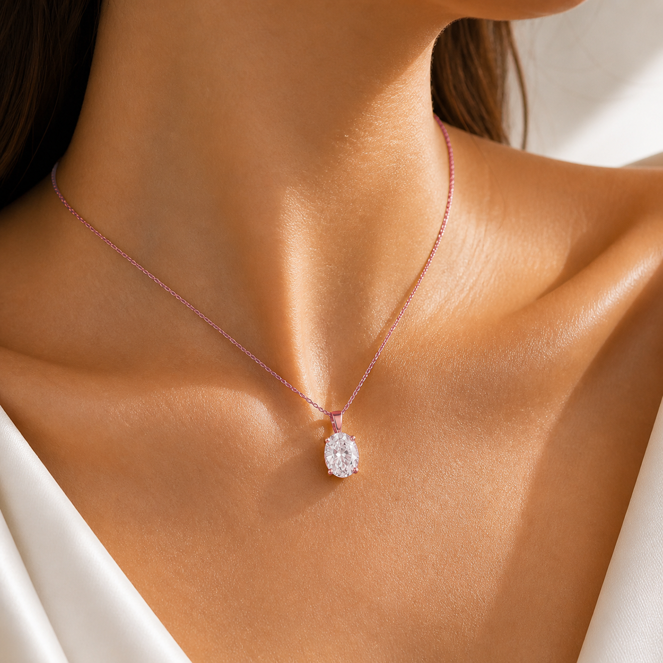 Oval Cut Diamond Necklace in 18K Gold, Lab-Grown Diamond