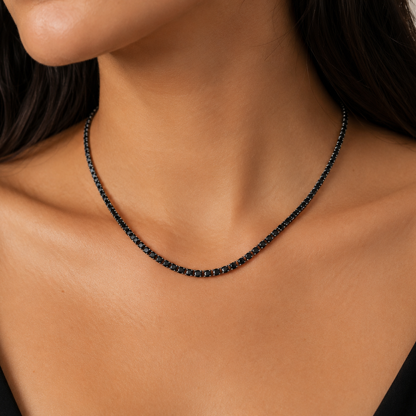 Black Diamond Tennis Necklace in 18K Gold, Lab-Grown Diamond