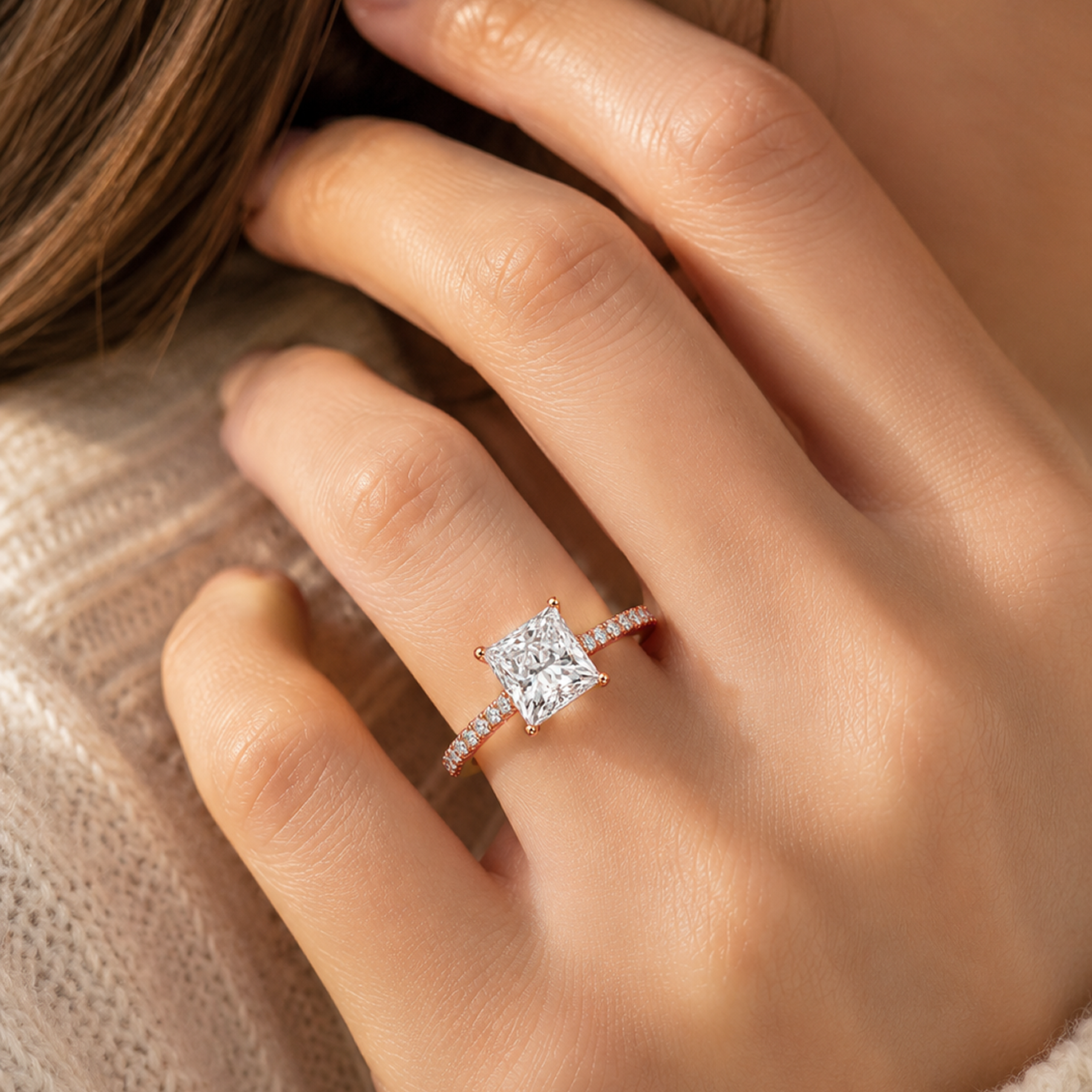 Princess Cut Engagement Ring with Diamond Band in 18K Gold, Lab-Grown Diamond