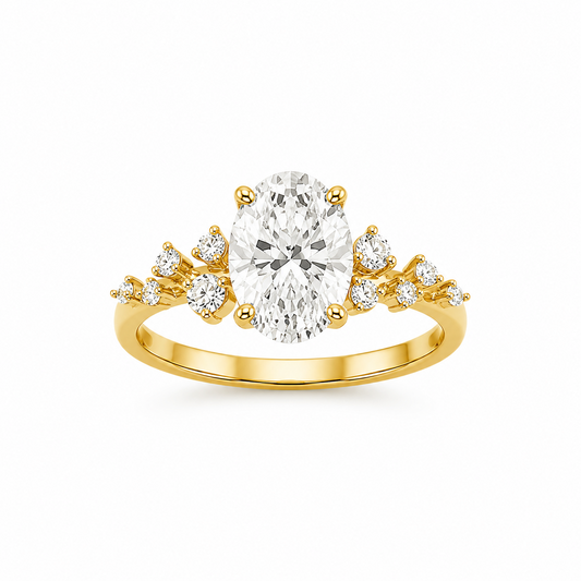 Oval Cut Engagement Ring with Round Side Stones in 18K Gold, Lab-Grown Diamond