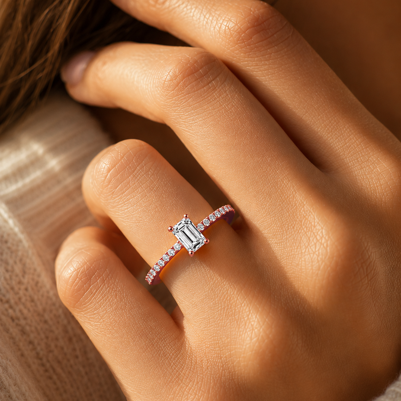 Emerald Cut Prong-Set Engagement Ring in 18K Gold, Lab-Grown Diamond