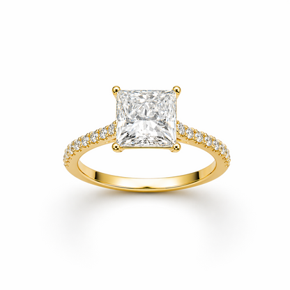 Princess Cut Engagement Ring with Diamond Band in 18K Gold, Lab-Grown Diamond
