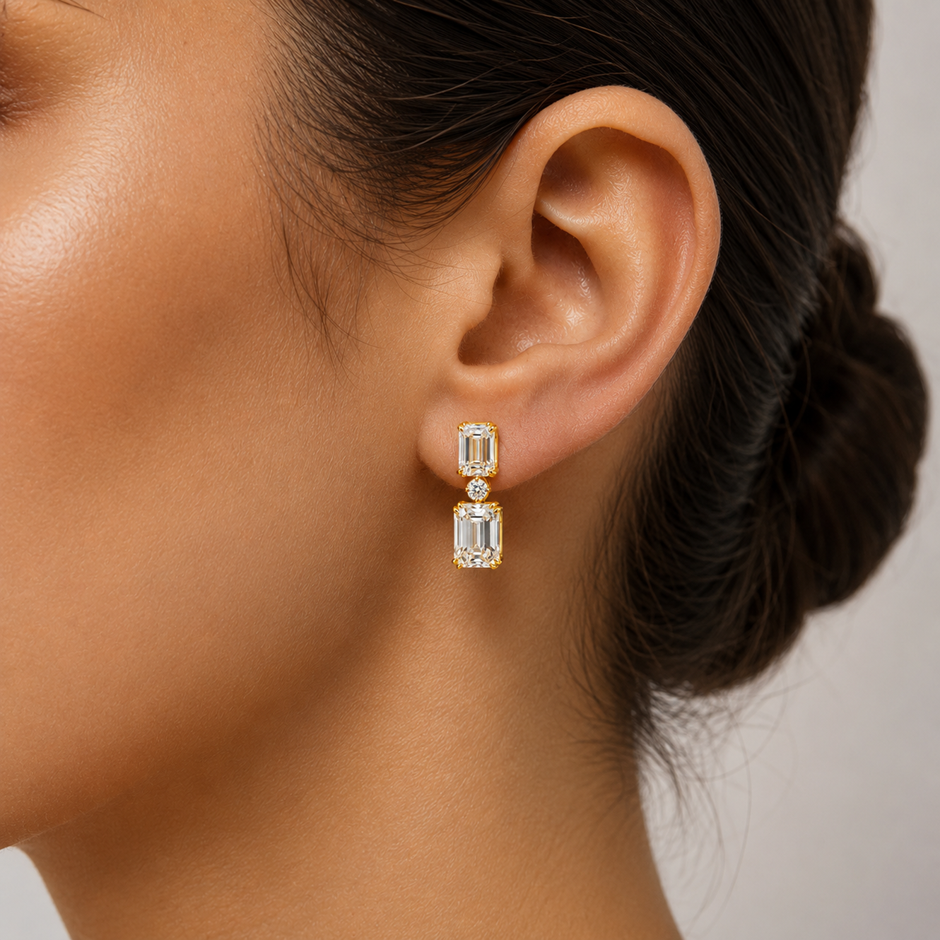 Emerald Cut Drop Earrings in 18K Gold, Lab-Grown Diamond