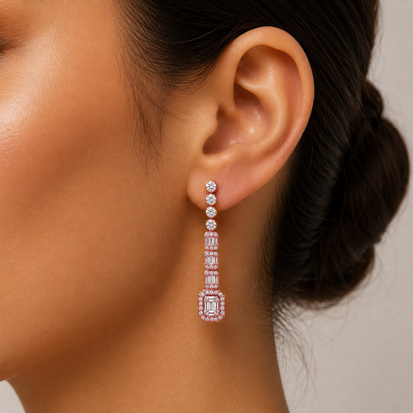 Baguette Pavé Drop Earrings in 18K Gold, Lab-Grown Diamond