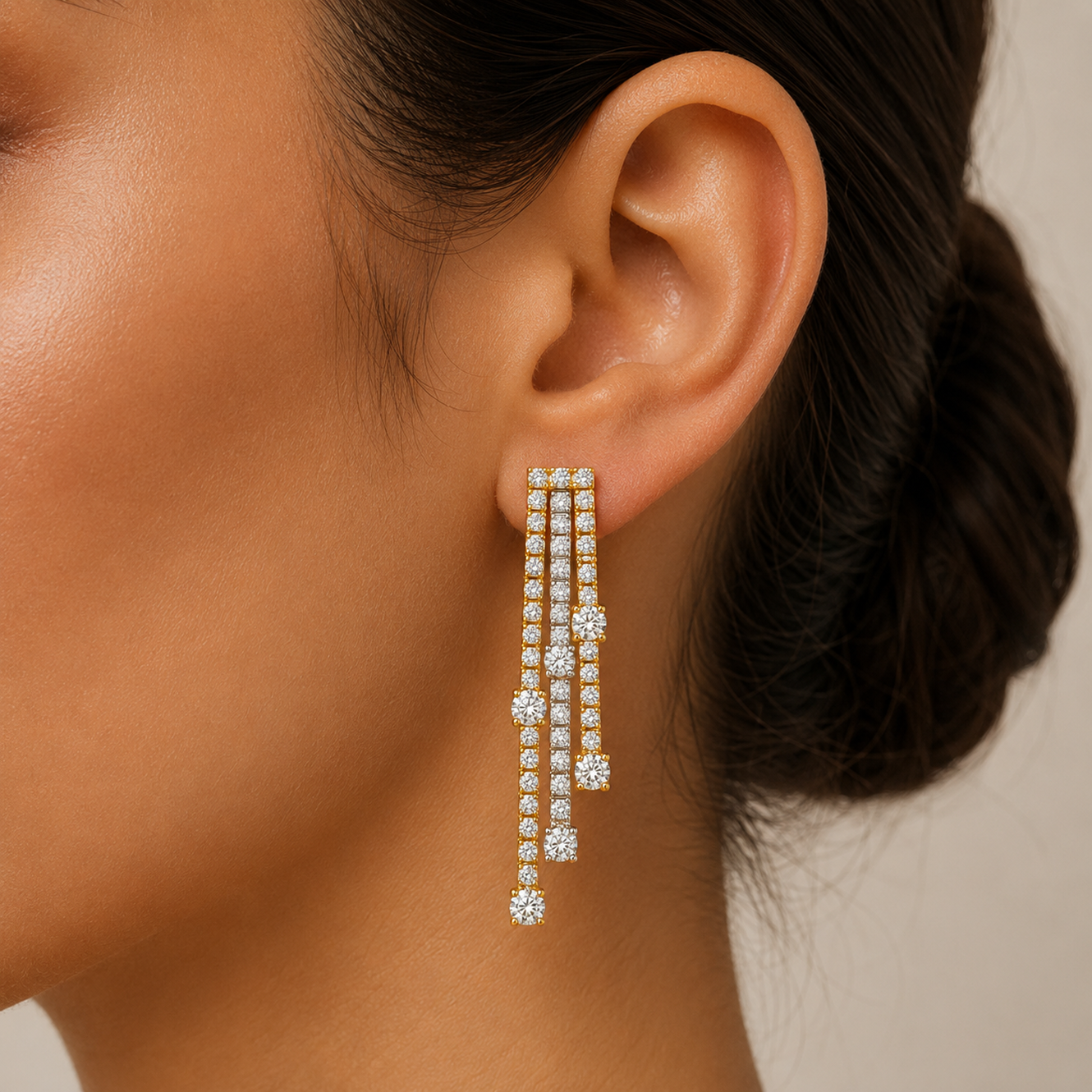 Two-Tone Three-Layer Drop Earrings in 18K Gold, Lab-Grown Diamond