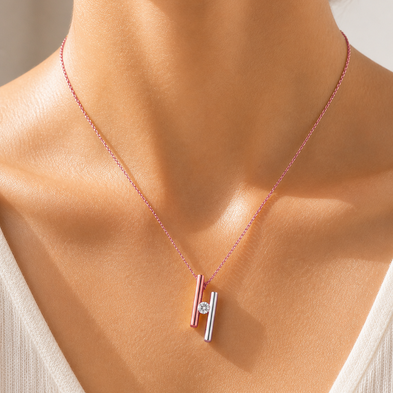 Two Tone Tension-Set Diamond Necklace in 18K Gold, Lab-Grown Diamond