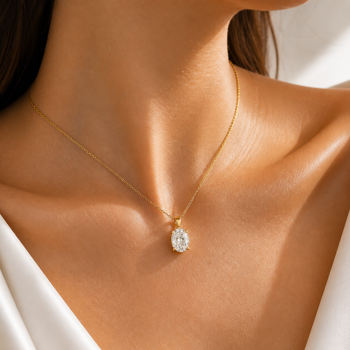 Oval Cut Diamond Necklace in 18K Gold, Lab-Grown Diamond