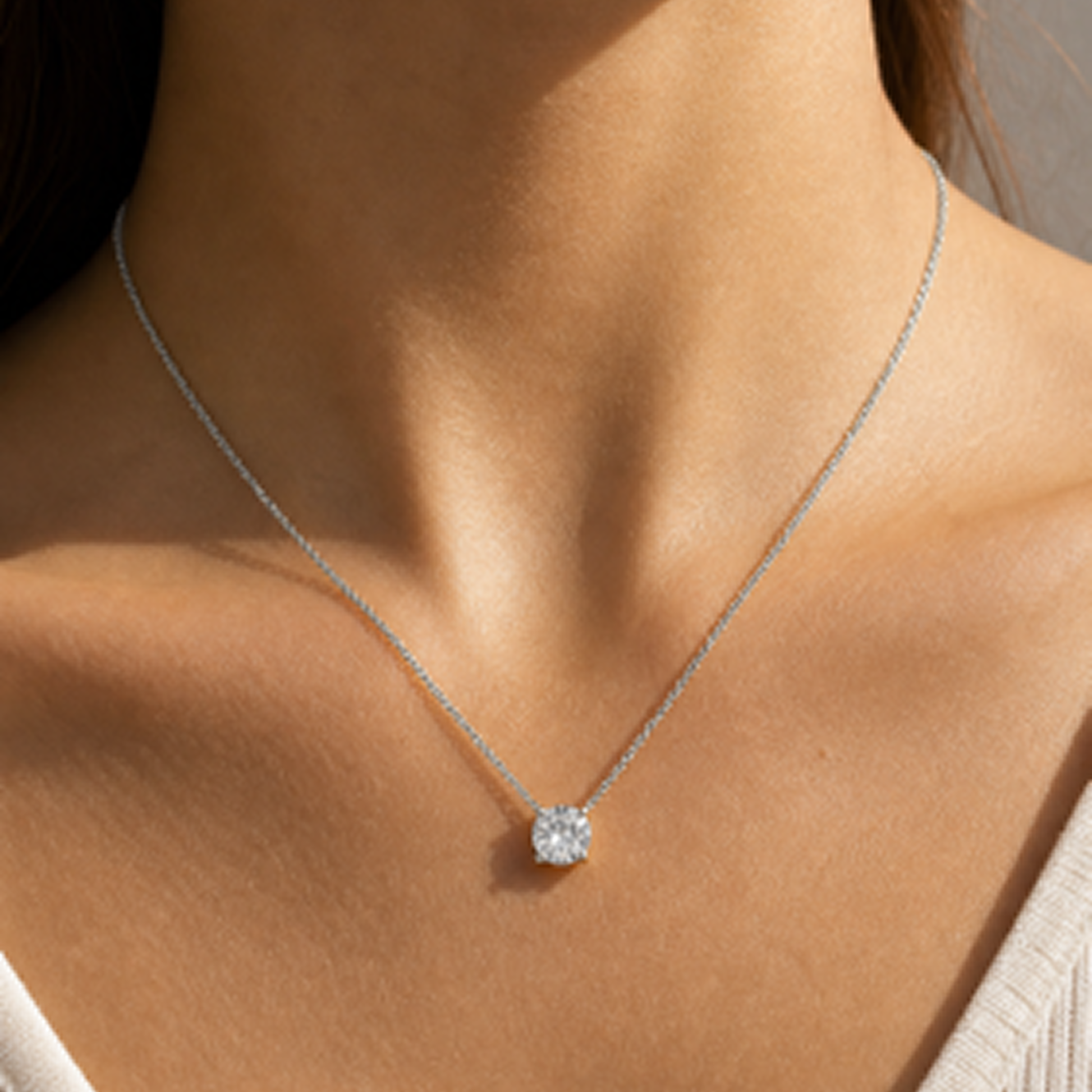 Round Cut Four-Prong Diamond Necklace in 18K Gold, Lab-Grown Diamond