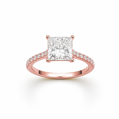 Princess Cut Engagement Ring with Diamond Band in 18K Gold, Lab-Grown Diamond