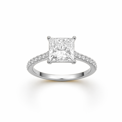 Princess Cut Engagement Ring with Diamond Band in 18K Gold, Lab-Grown Diamond