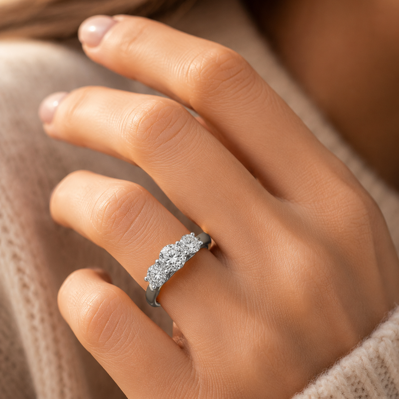 Two-Tone Three-Stone Round Cut Engagement Ring in 18K Gold, Lab-Grown Diamond