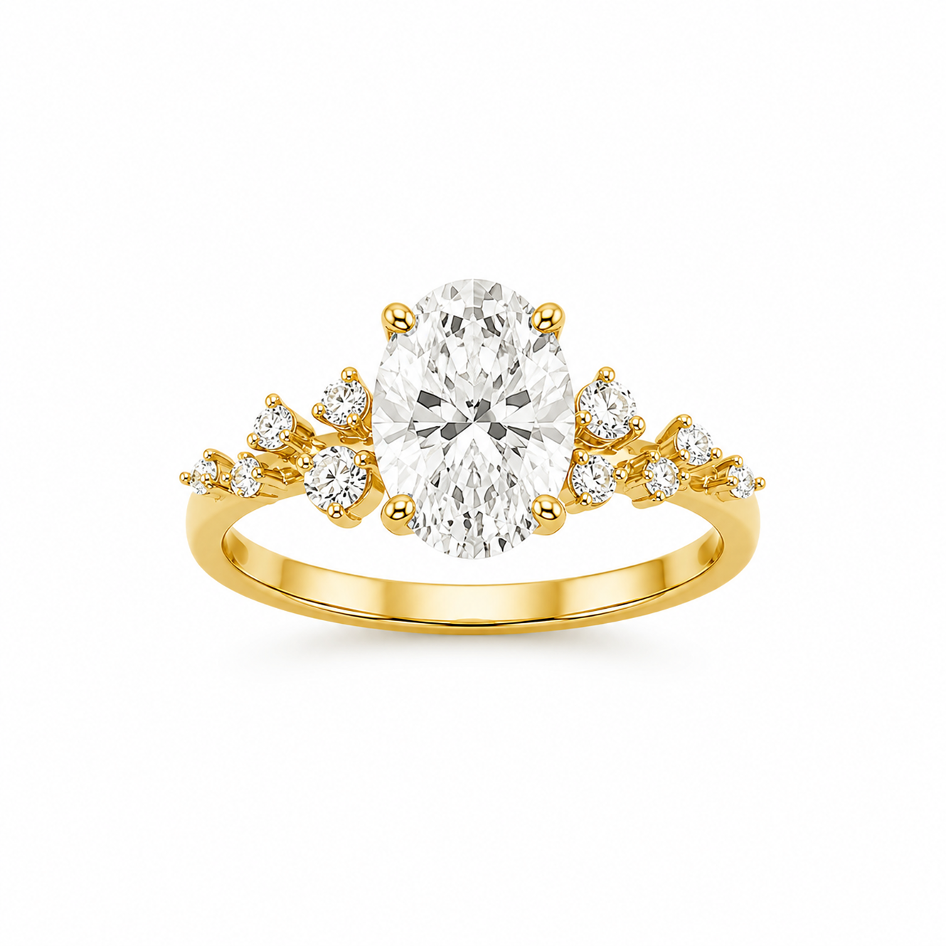 Oval Cut Engagement Ring with Round Side Stones in 18K Gold, Lab-Grown Diamond