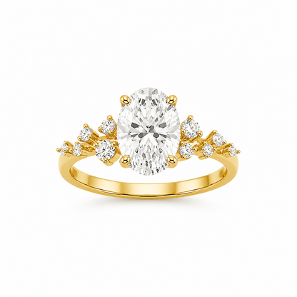 Oval Cut Engagement Ring with Round Side Stones in 18K Gold, Lab-Grown Diamond