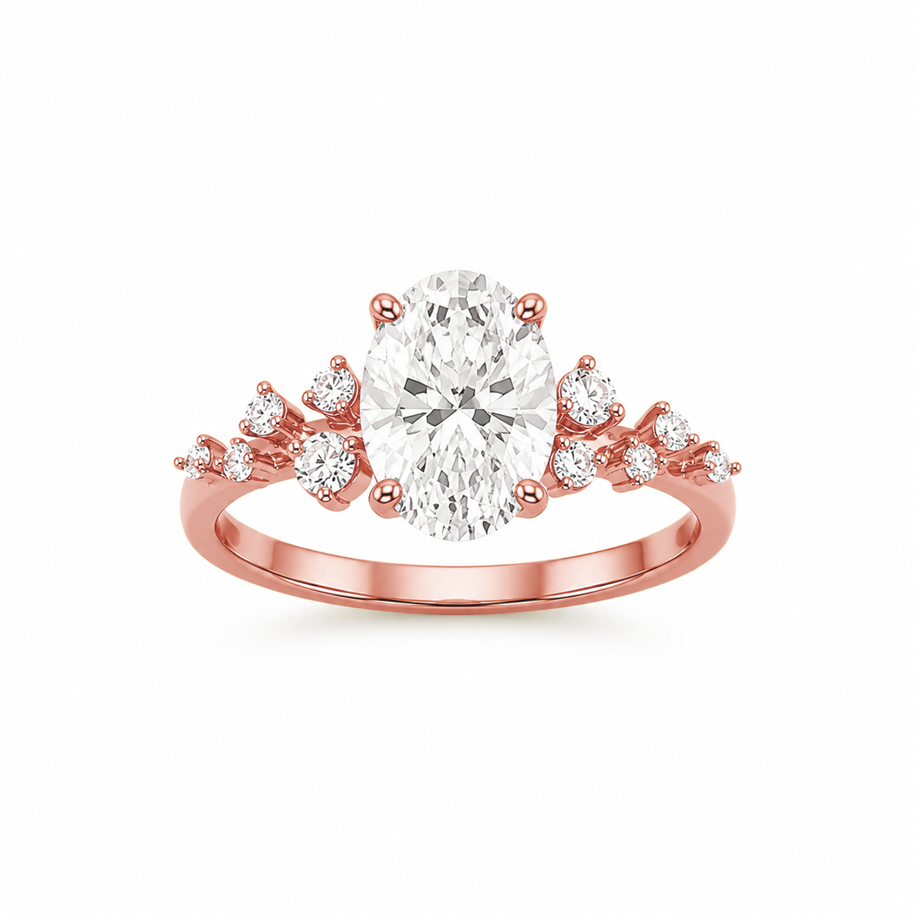 Oval Cut Engagement Ring with Round Side Stones in 18K Gold, Lab-Grown Diamond