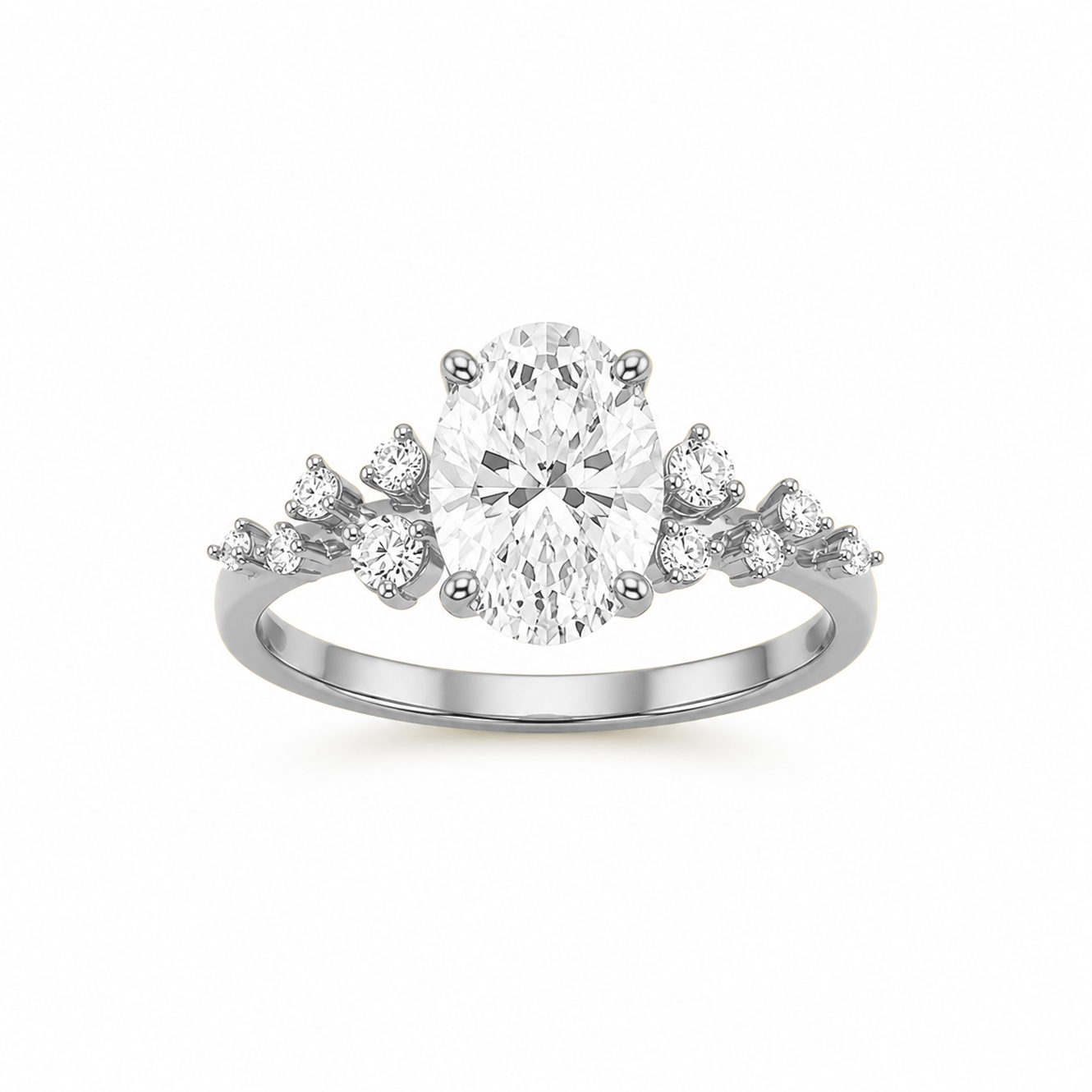 Oval Cut Engagement Ring with Round Side Stones in 18K Gold, Lab-Grown Diamond