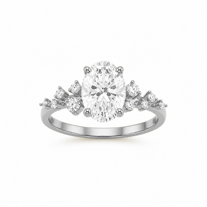 Oval Cut Engagement Ring with Round Side Stones in 18K Gold, Lab-Grown Diamond