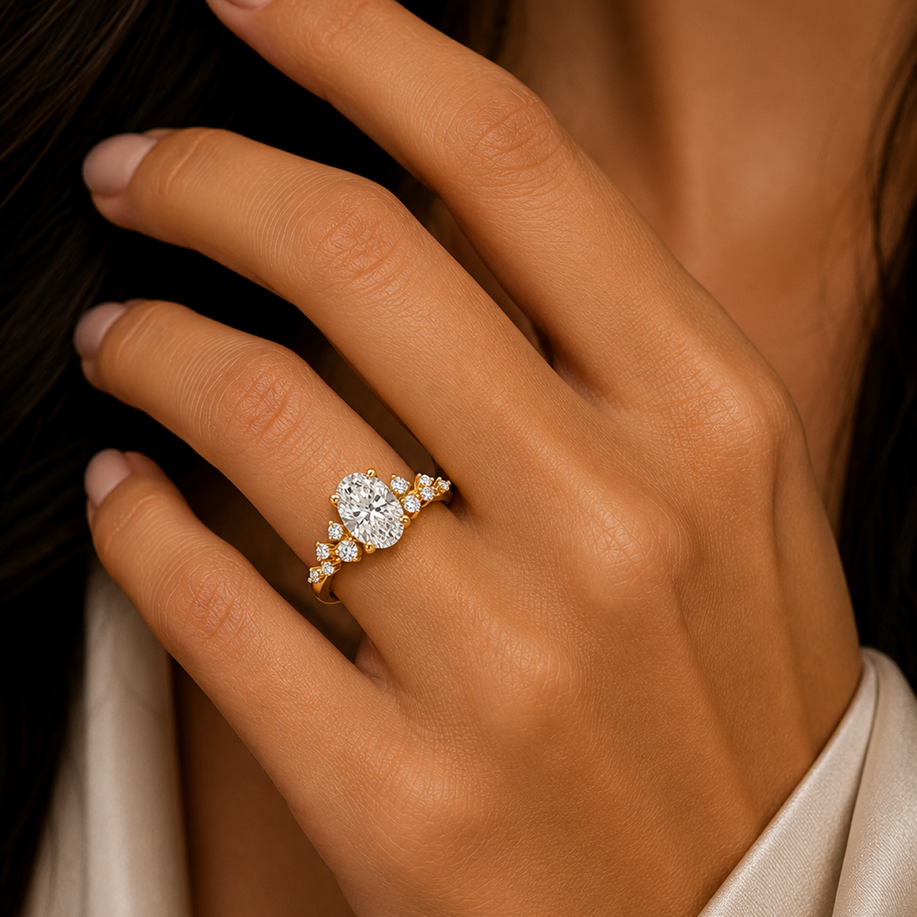 Oval Cut Engagement Ring with Round Side Stones in 18K Gold, Lab-Grown Diamond