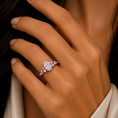 Oval Cut Engagement Ring with Round Side Stones in 18K Gold, Lab-Grown Diamond