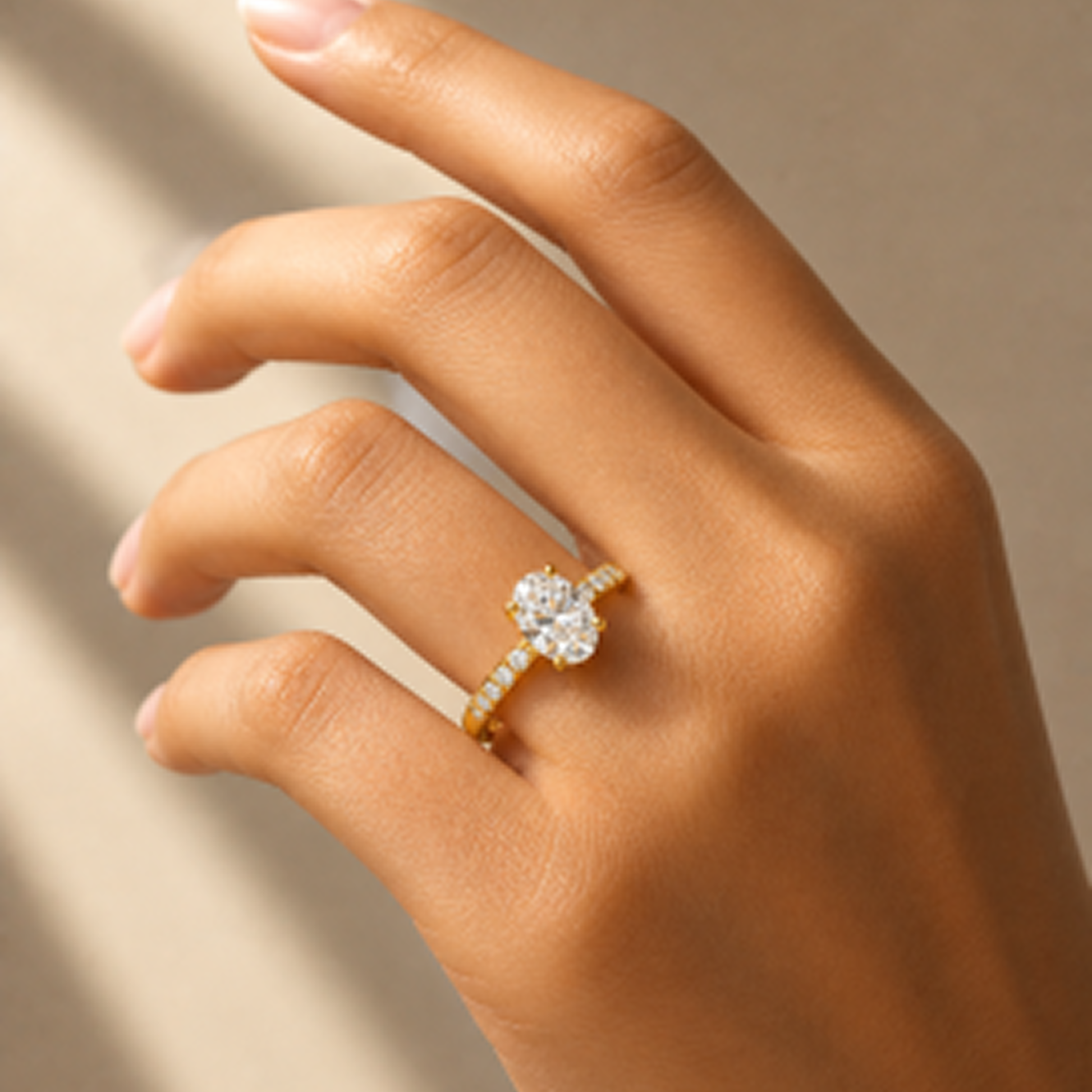 Oval Cut Hidden Halo Engagement Ring in 18K Gold, Lab-Grown Diamond