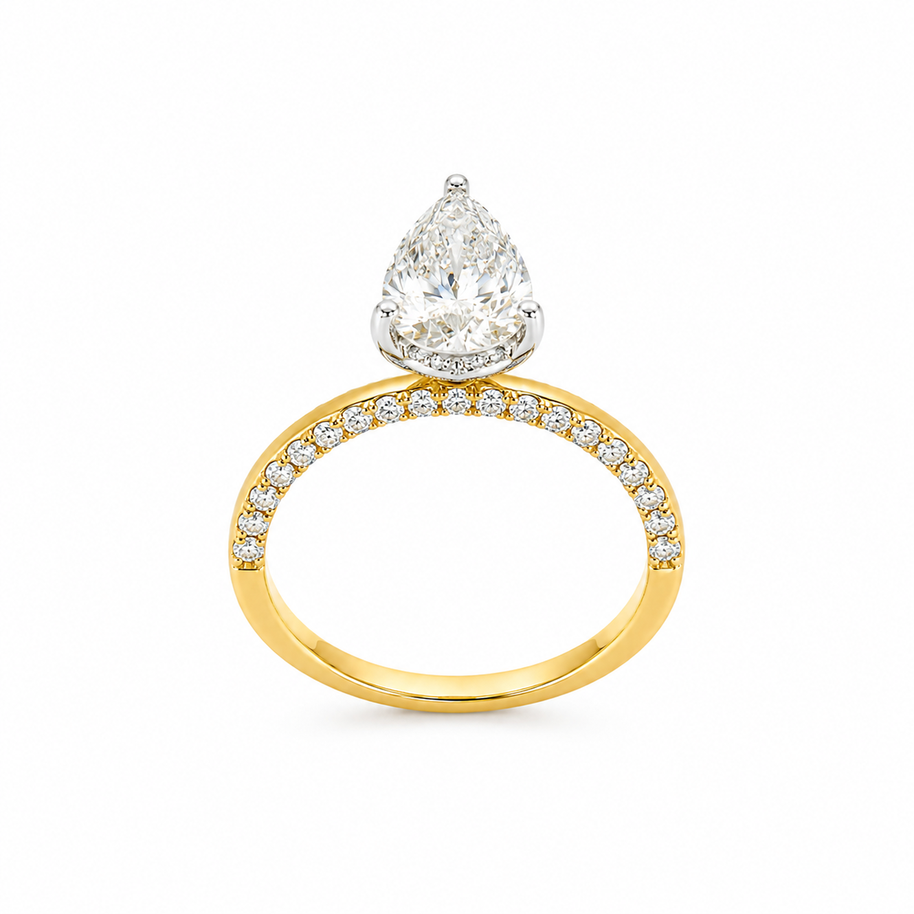 Hidden Halo Pear Cut Engagement Ring with Pavé Diamond Band in 18K Gold, Lab-Grown Diamond