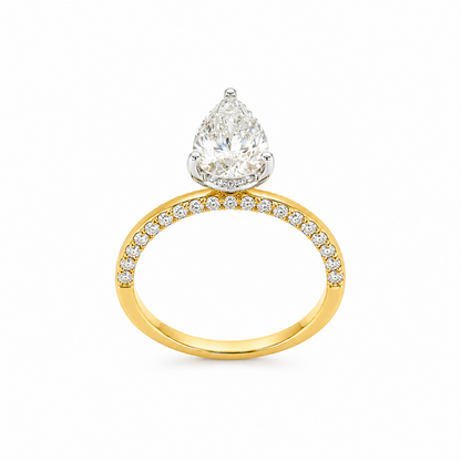 Hidden Halo Pear Cut Engagement Ring with Pavé Diamond Band in 18K Gold, Lab-Grown Diamond