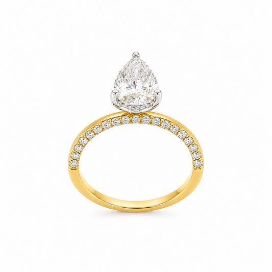 Hidden Halo Pear Cut Engagement Ring with Pavé Diamond Band in 18K Gold, Lab-Grown Diamond
