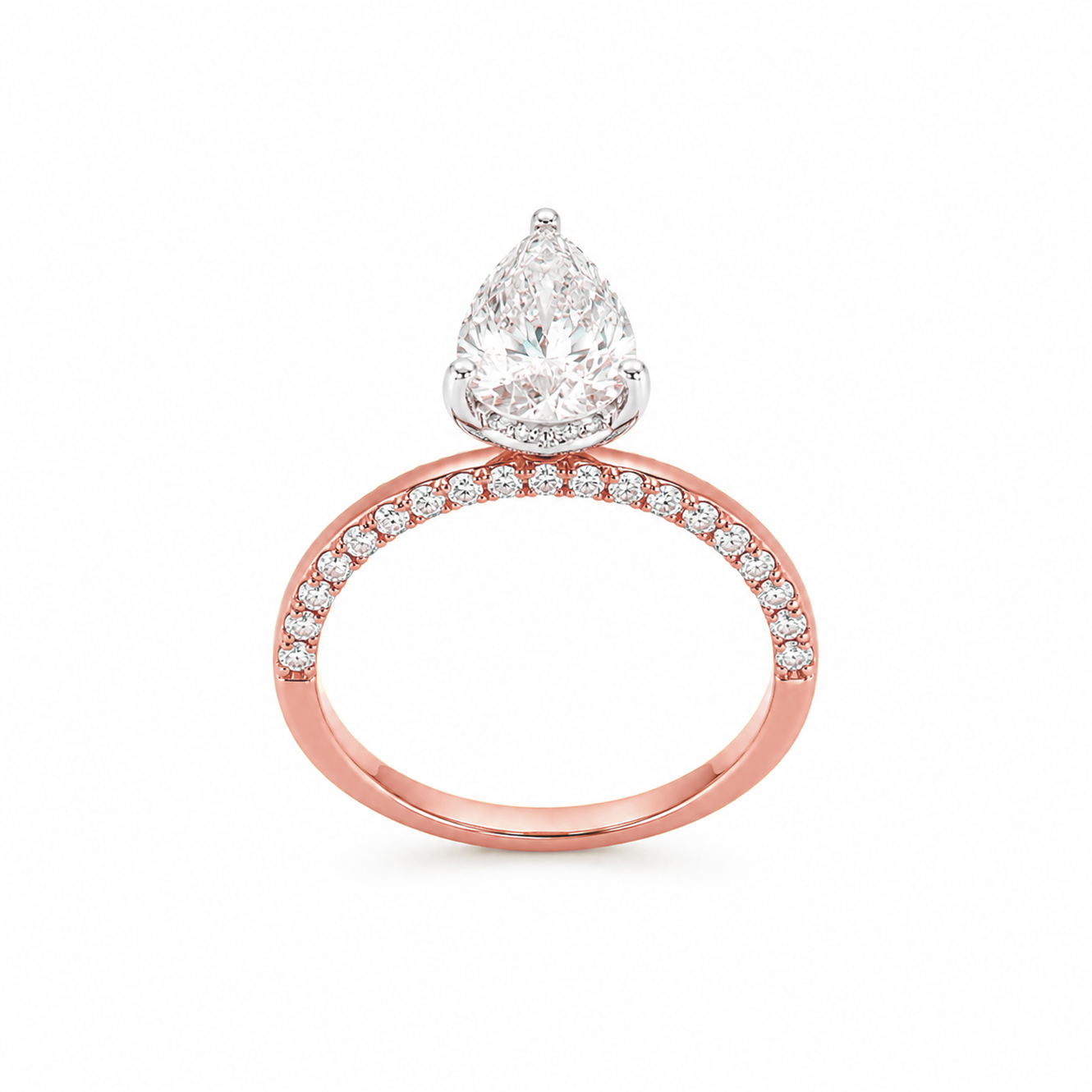 Hidden Halo Pear Cut Engagement Ring with Pavé Diamond Band in 18K Gold, Lab-Grown Diamond