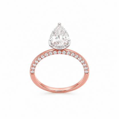 Hidden Halo Pear Cut Engagement Ring with Pavé Diamond Band in 18K Gold, Lab-Grown Diamond