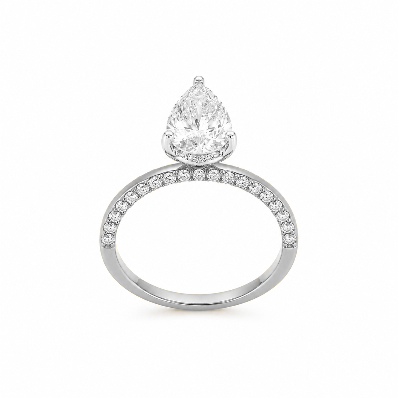 Hidden Halo Pear Cut Engagement Ring with Pavé Diamond Band in 18K Gold, Lab-Grown Diamond