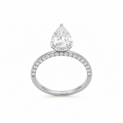 Hidden Halo Pear Cut Engagement Ring with Pavé Diamond Band in 18K Gold, Lab-Grown Diamond