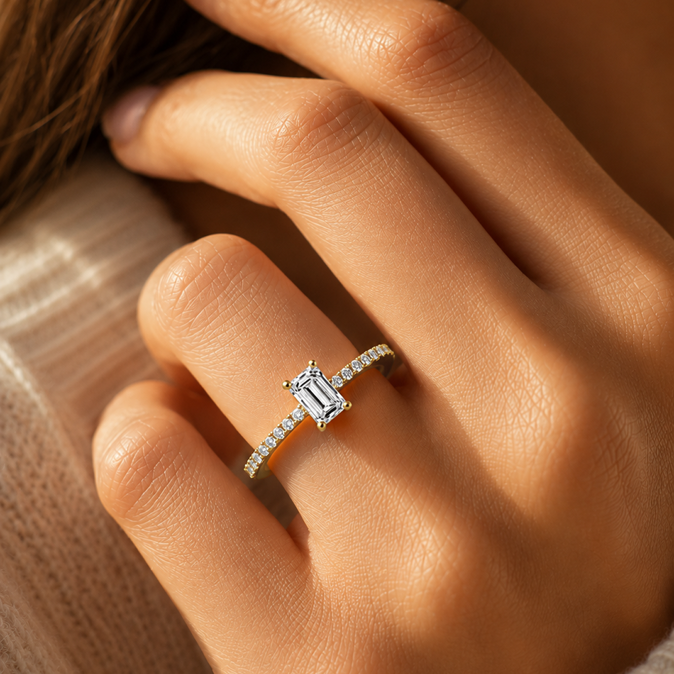 Emerald Cut Prong-Set Engagement Ring in 18K Gold, Lab-Grown Diamond