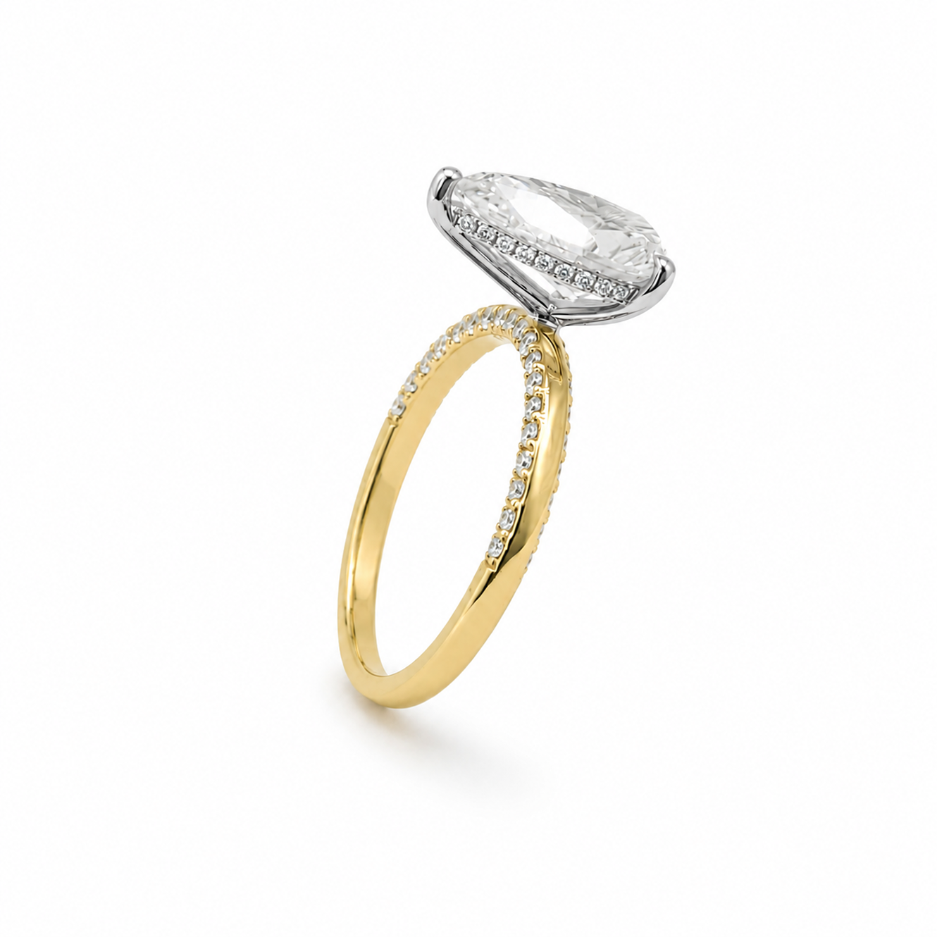 Hidden Halo Pear Cut Engagement Ring with Pavé Diamond Band in 18K Gold, Lab-Grown Diamond