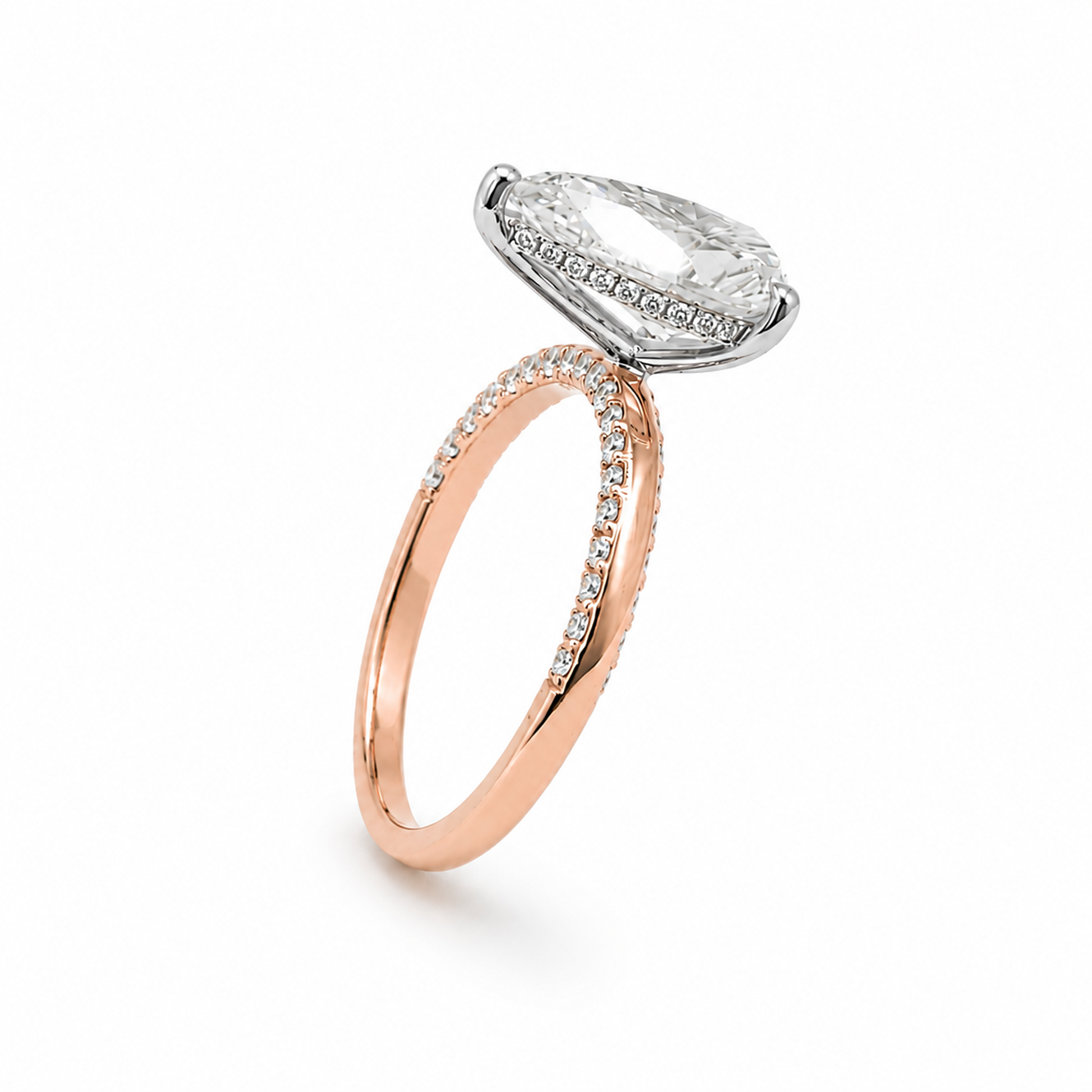 Hidden Halo Pear Cut Engagement Ring with Pavé Diamond Band in 18K Gold, Lab-Grown Diamond