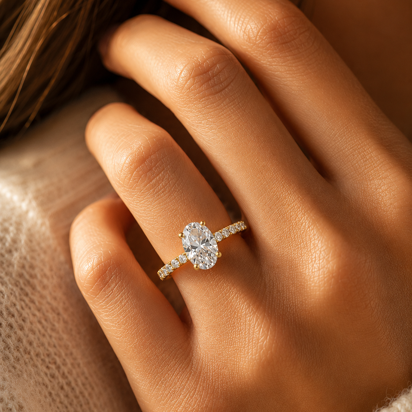 Oval Cut Prong-Set Engagement Ring in 18K Gold, Lab-Grown Diamond