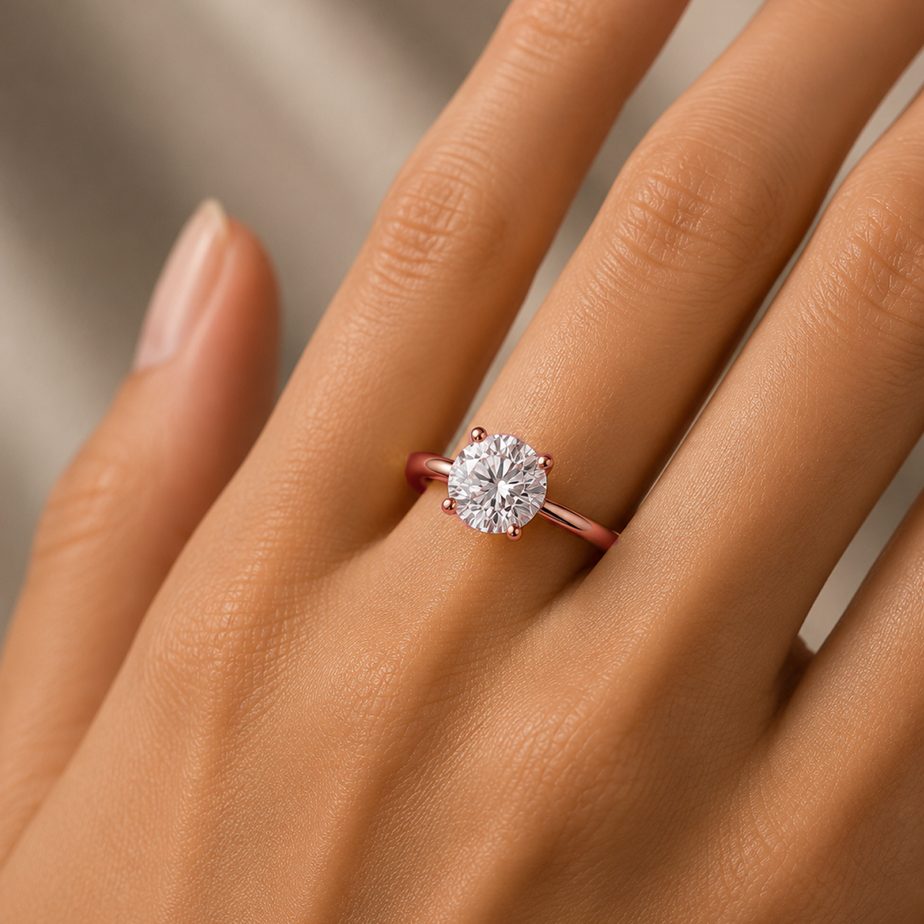 Four-Prong Round Cut Solitaire Engagement Ring in 18K Gold, Lab-Grown Diamond
